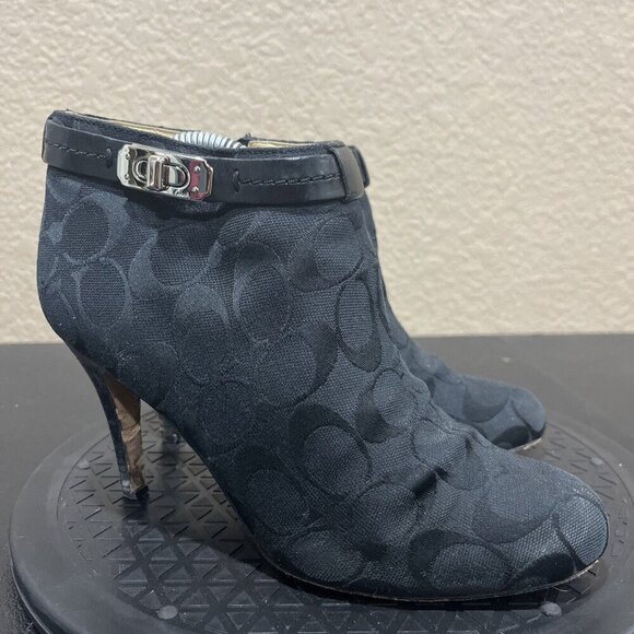 COACH Bennett Womens Canvas Bootie Stiletto Signature Monogram Jacquard Size 6.5 - Picture 1 of 9